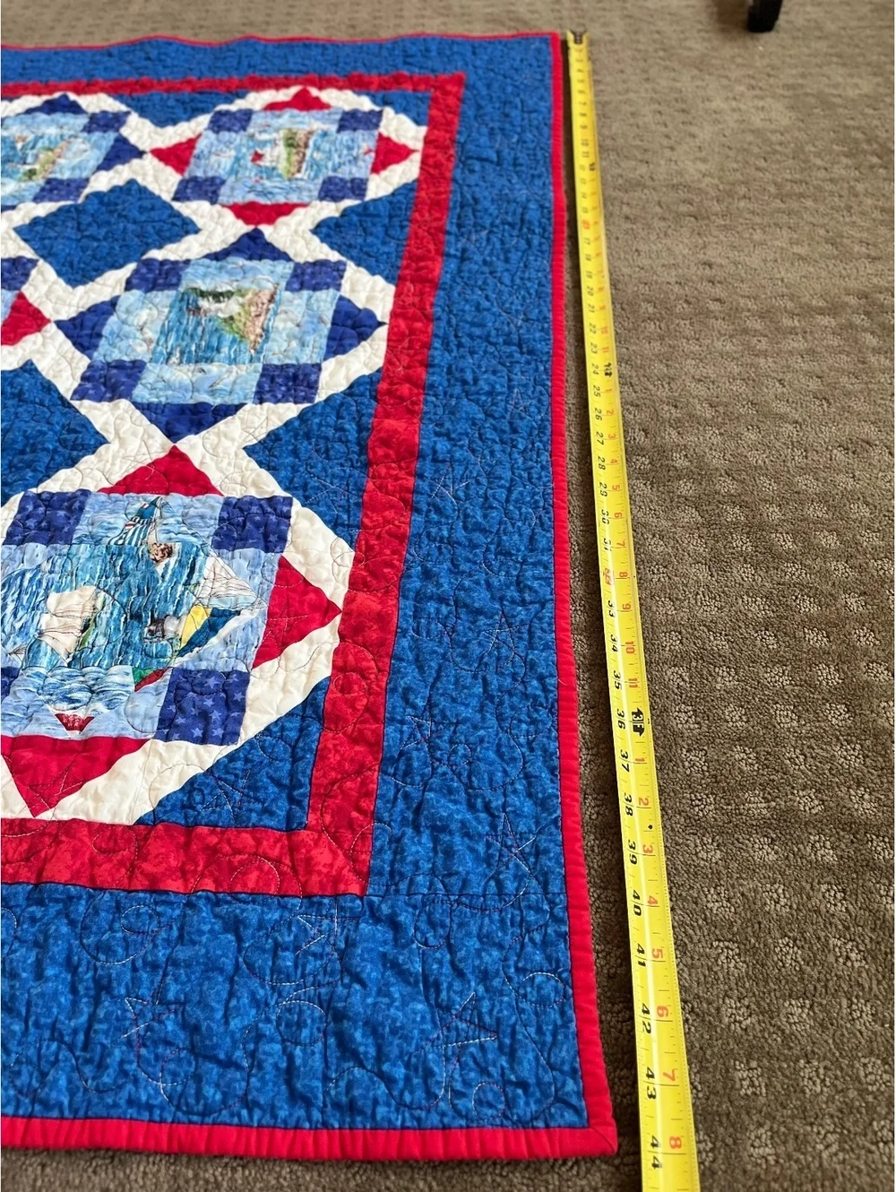 Handmade Nautical Themed Quilt w Sailboat & Lighthouse Blocks Red Blue 54” x 44”